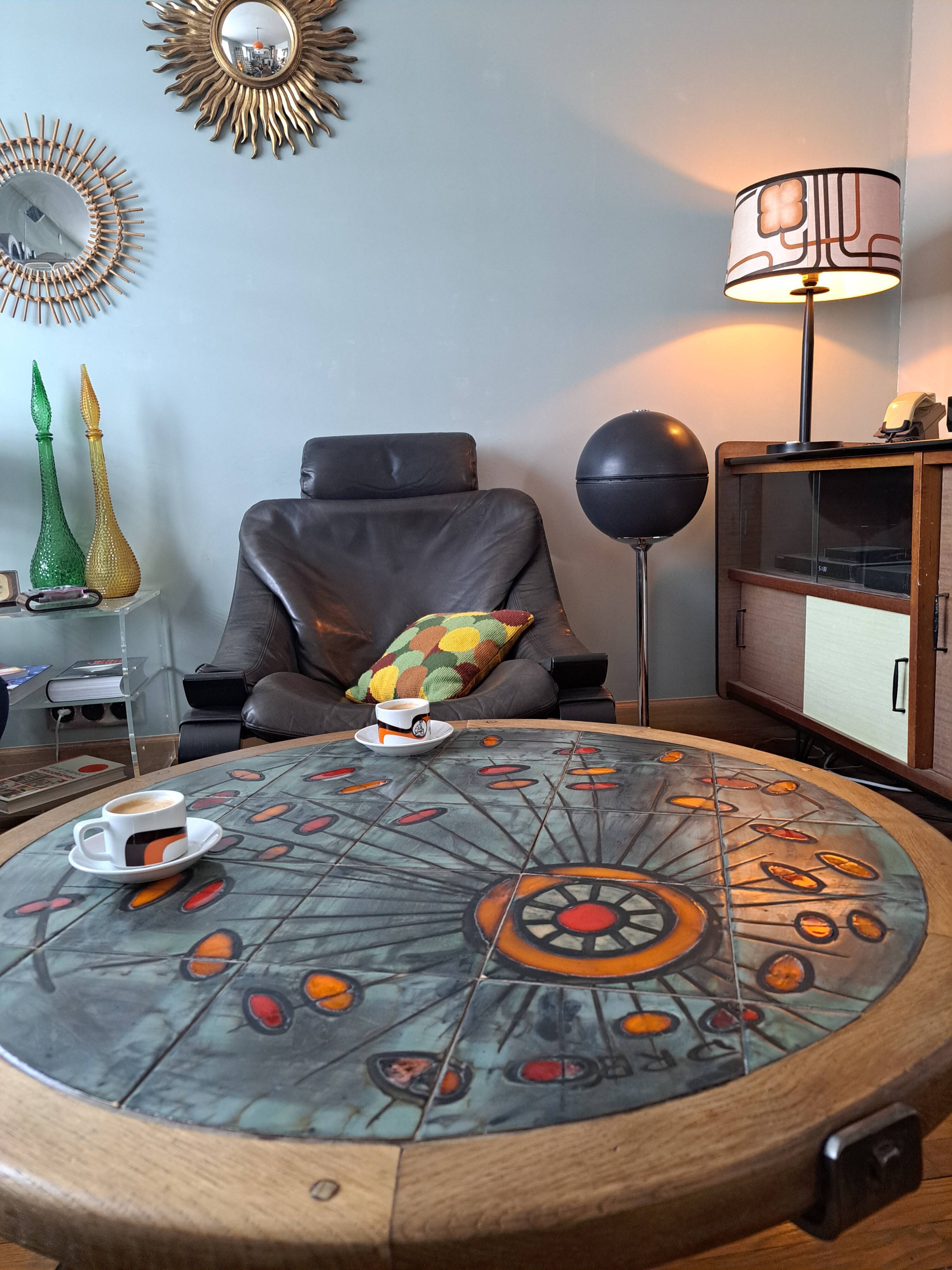 Vallauris coffee table signed drac 1960 wood earthenware steel