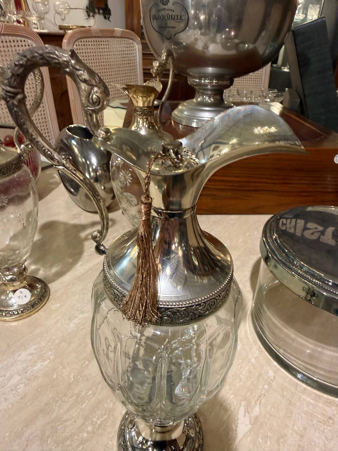 Silver-plated metal and crystal carafe