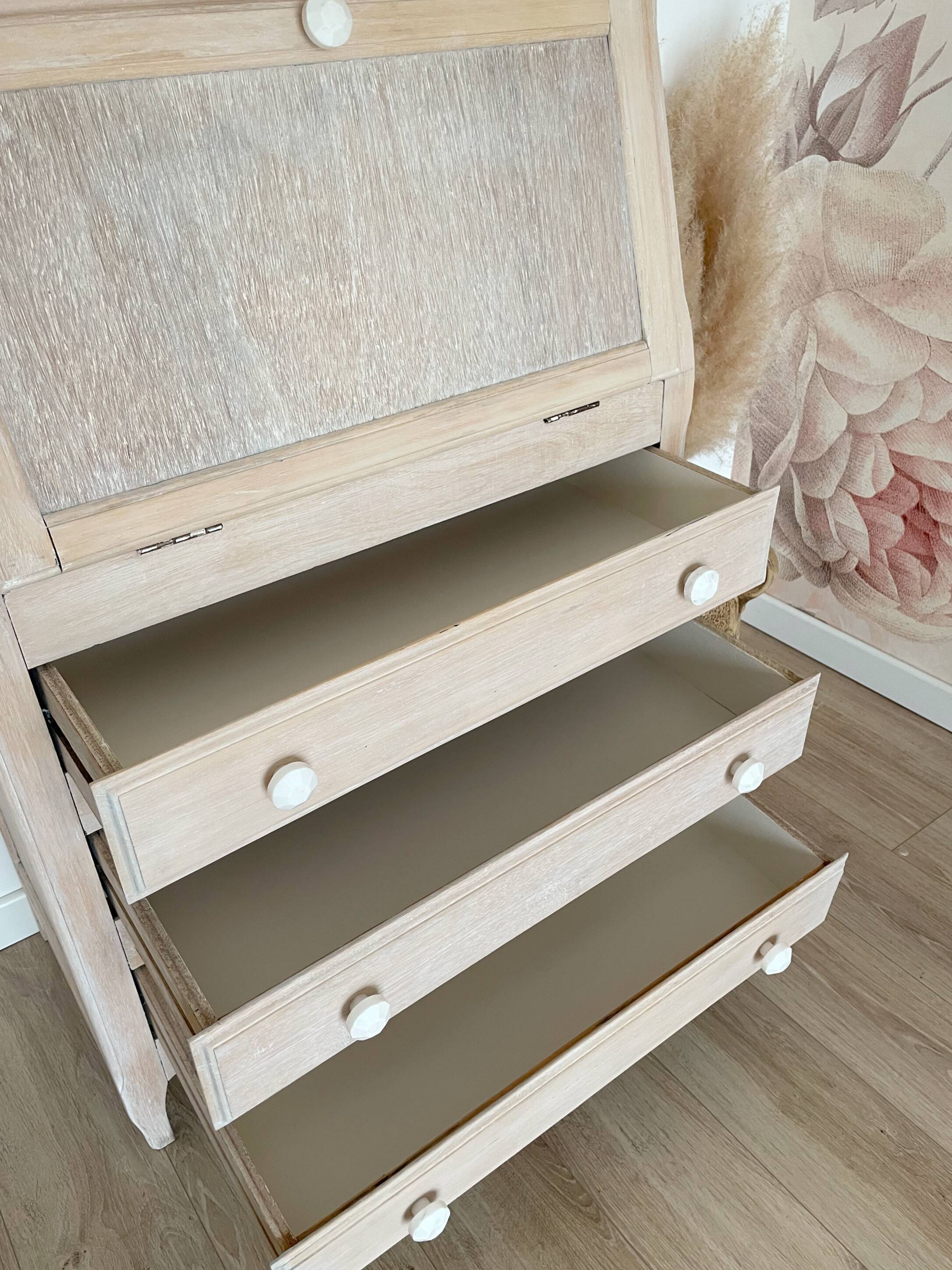 Antique donkey back secretary, white patina with a ceruse effect