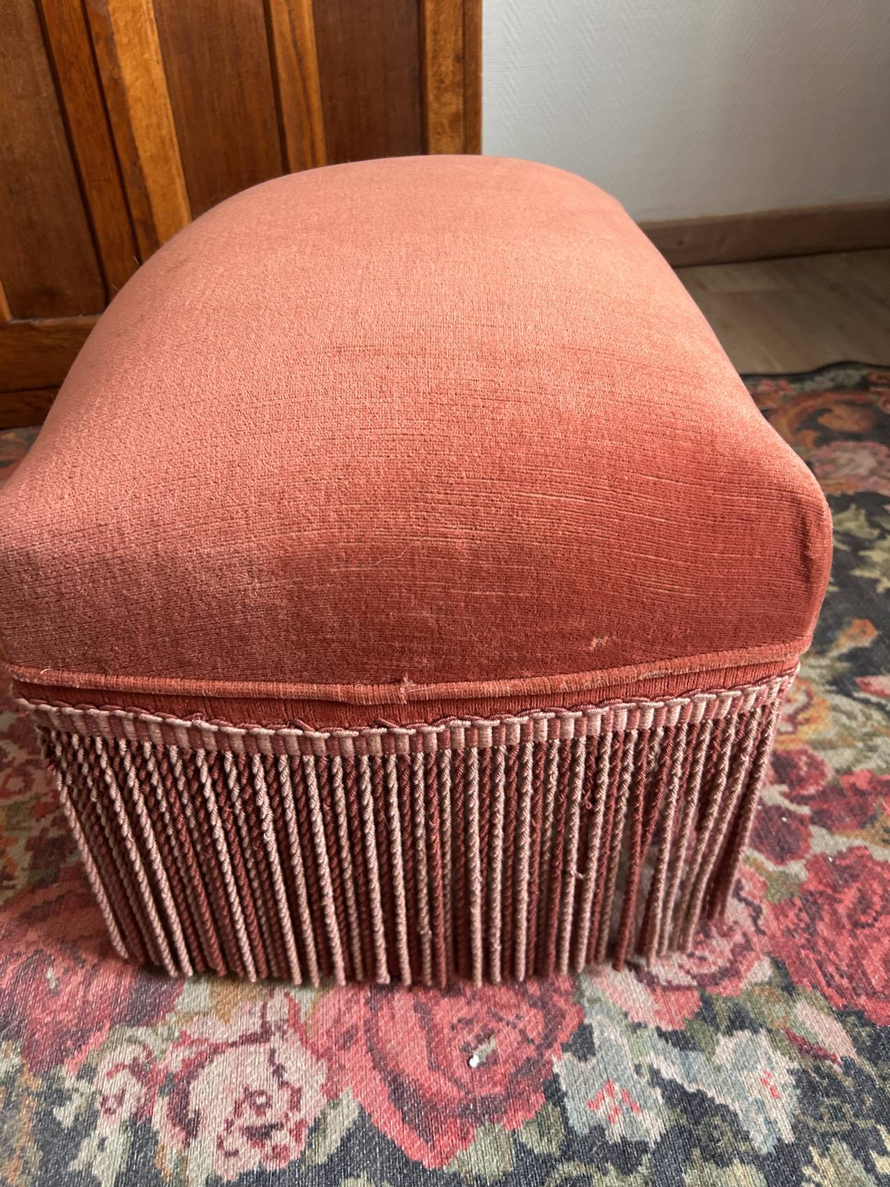 Vintage pink velvet fringe ottoman pouf