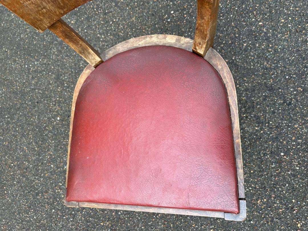 6 Art Deco gondola chairs in solid oak with burgundy leatherette, 1940.