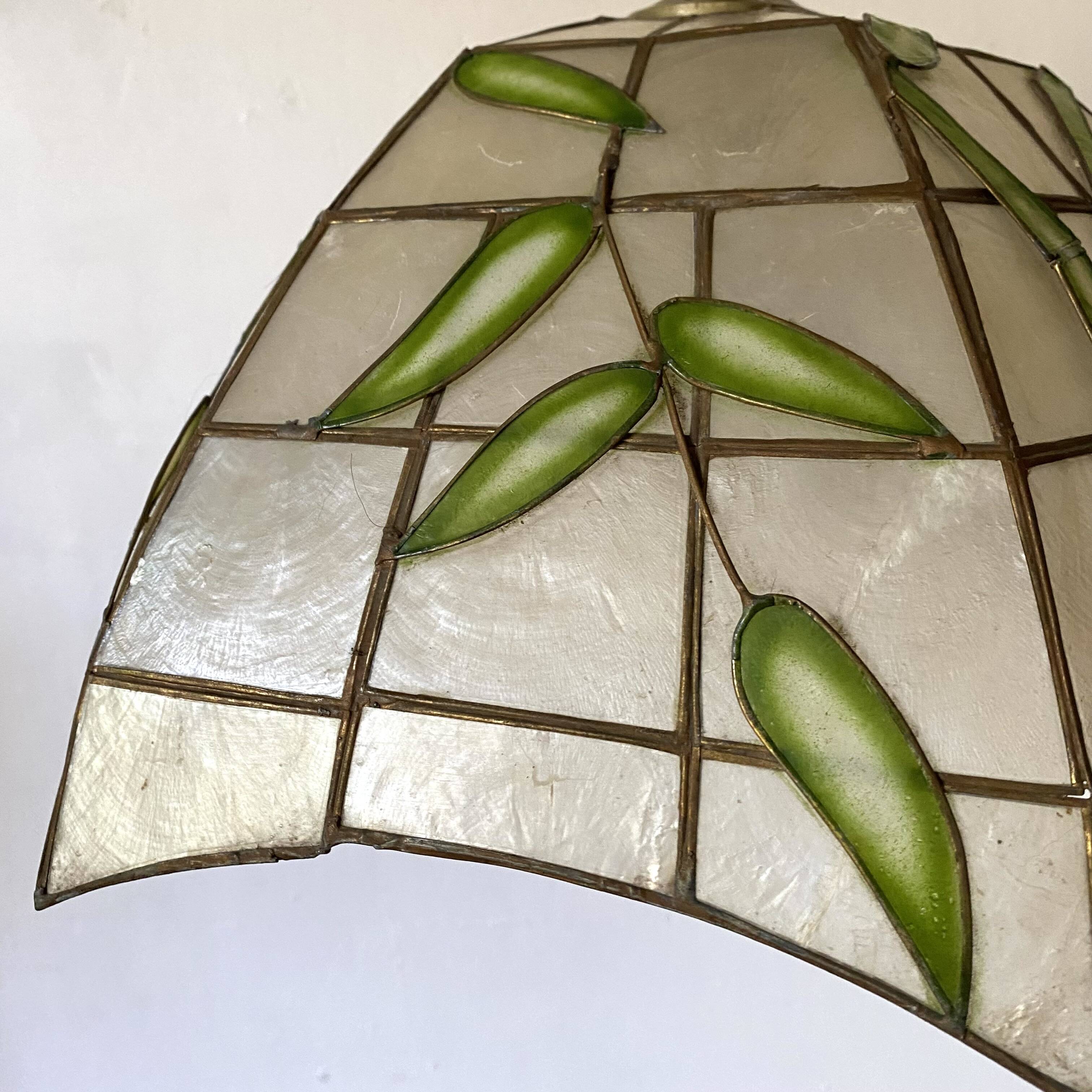 Pendant lamp in mother-of-pearl and brass with bamboo decor