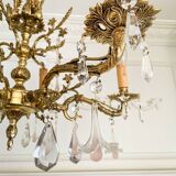 Lustre ancien en bronze à 5 bras avec verre de Murano rose et cristal