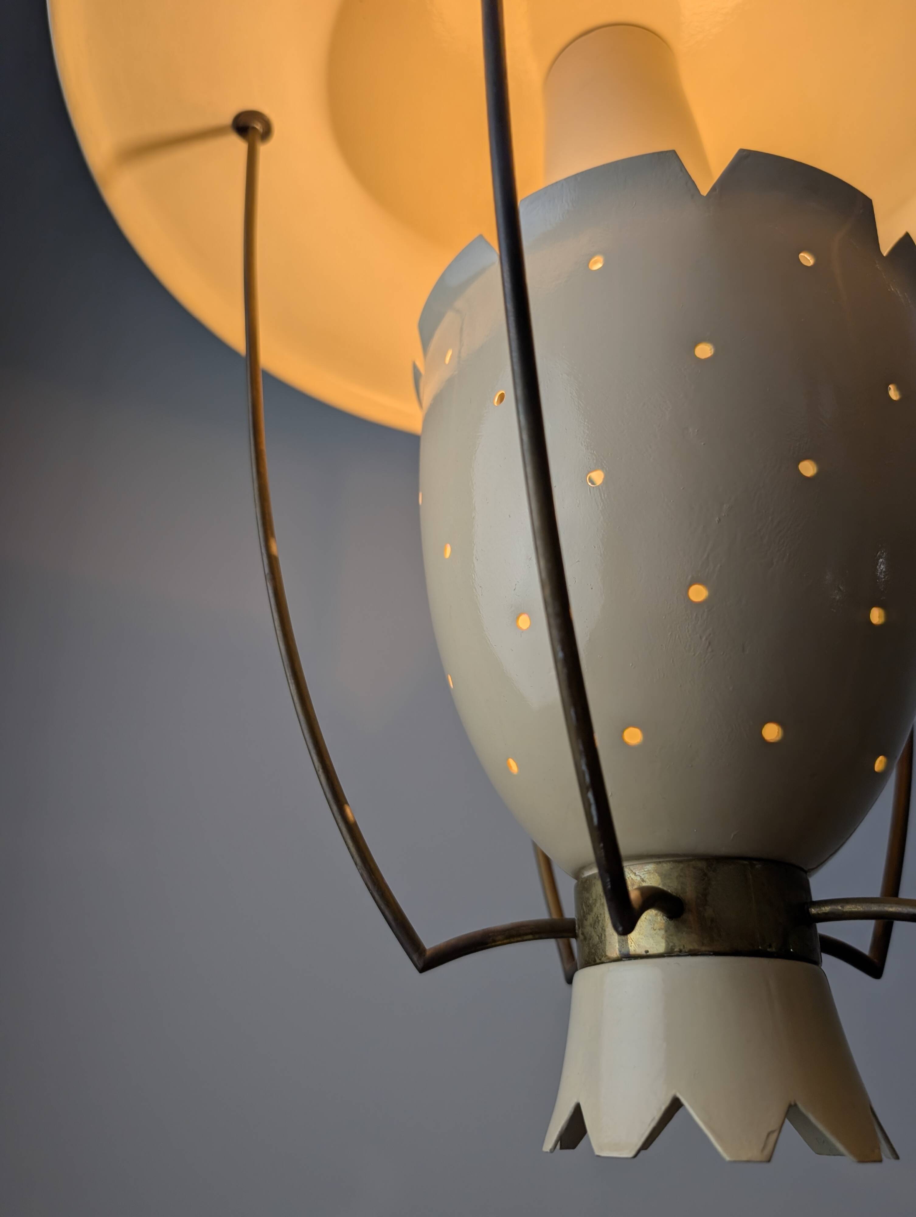 Perforated metal pendant lamp with brass details, Italy, 1940s