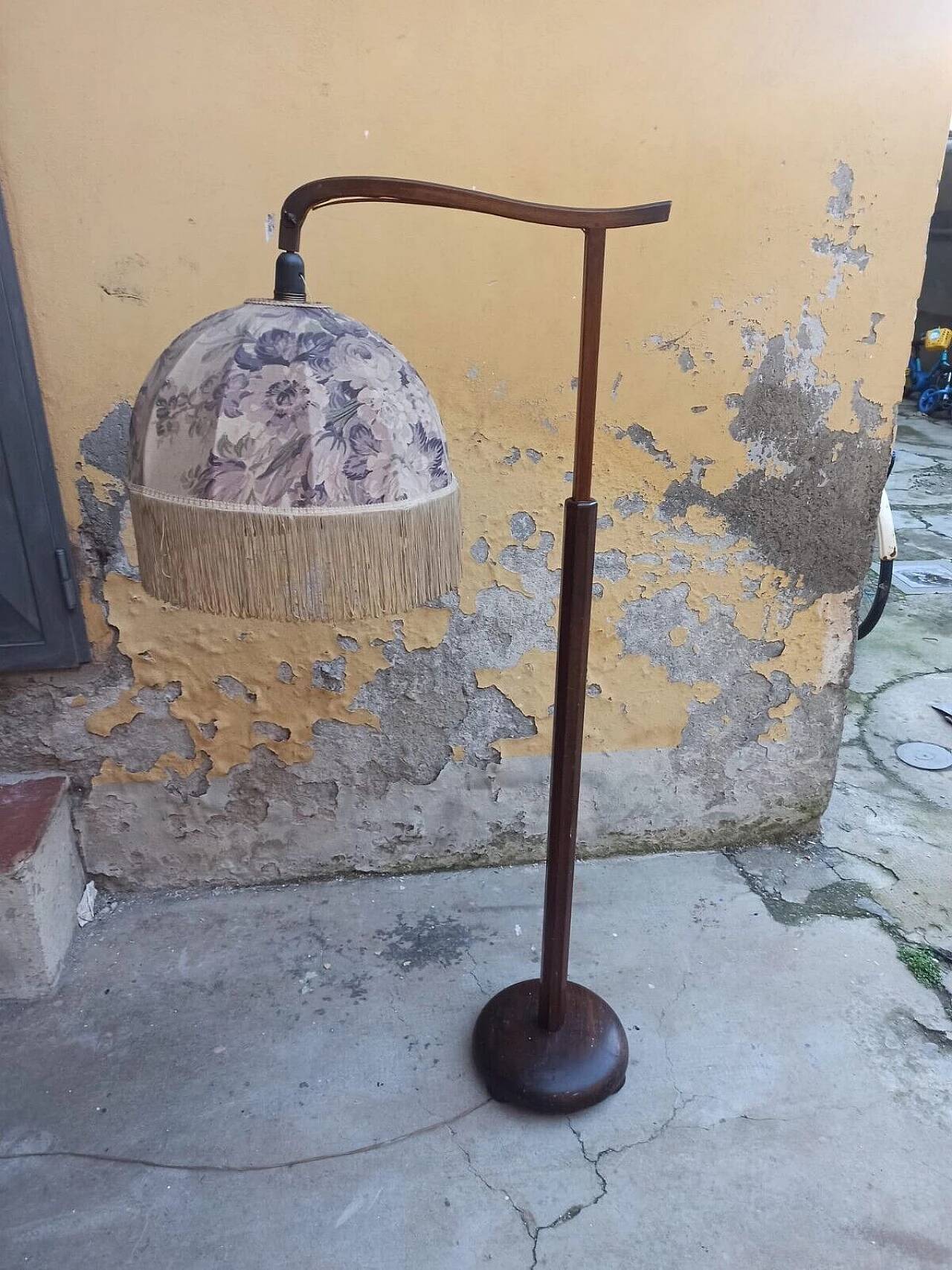 Wooden floor lamp with fabric shade, early 20th century