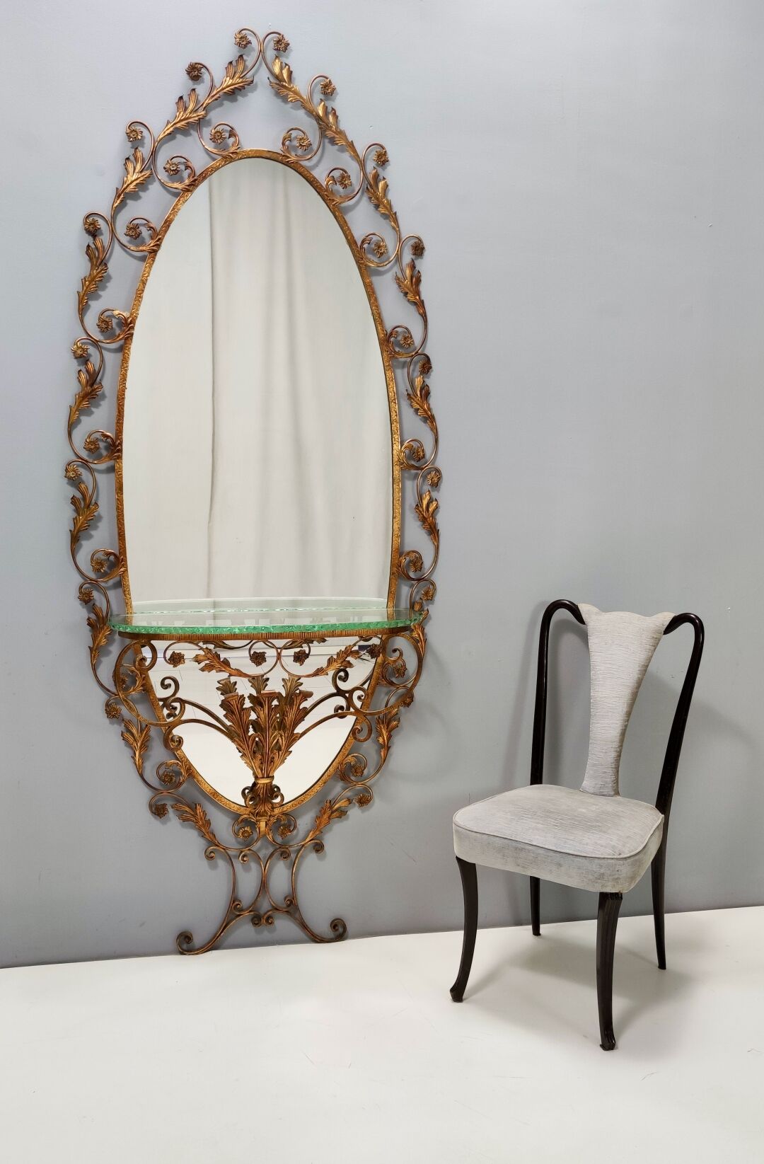 Entryway Mirror and Brass Console Table by Pierluigi Colli with Glass Top