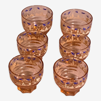 6 verres à porto en verre rose motif sérigraphie hirondelles et village vintage
