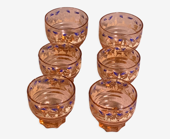 6 verres à porto en verre rose motif sérigraphie hirondelles et village vintage