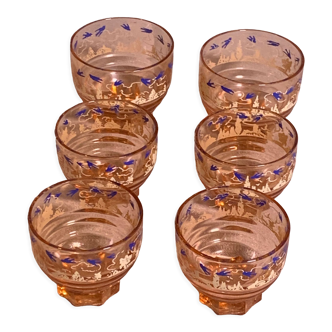 6 verres à porto en verre rose motif sérigraphie hirondelles et village vintage