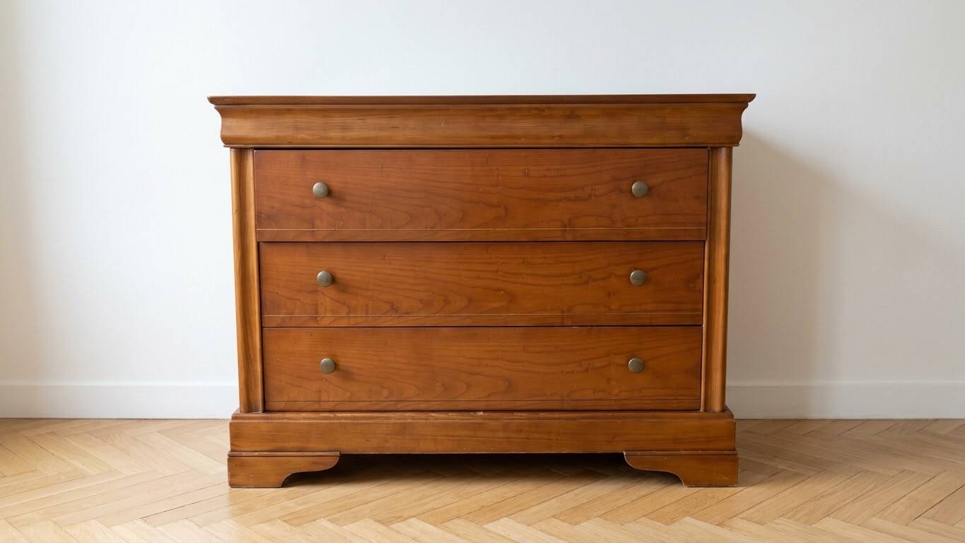 Vintage cherry wood chest of drawers with 3 drawers.