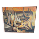 Tableau ancien à l'huile représentant un port signé du peintre Marcel MAYER