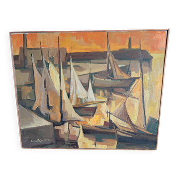 An old oil painting depicting a port, signed by the painter Marcel MAYER.