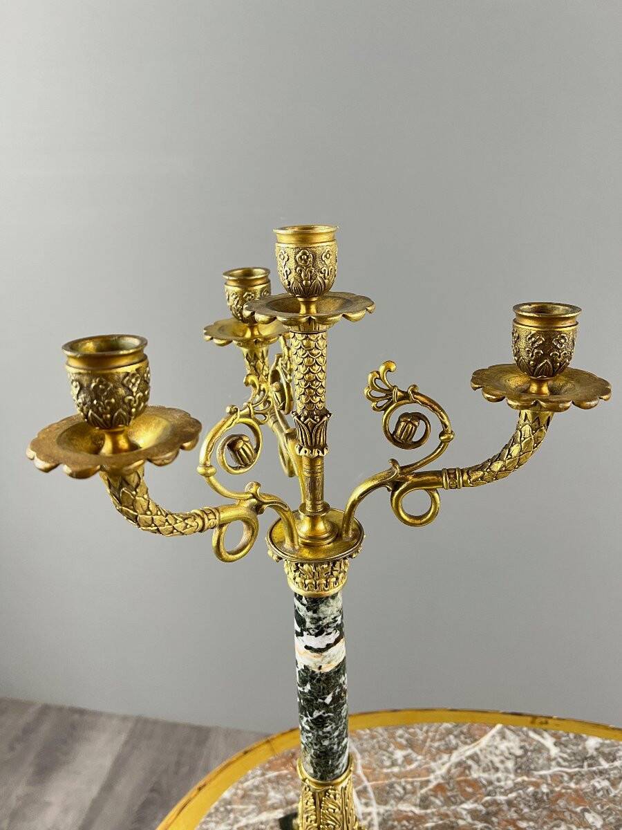 Pair of candelabra in gilt bronze and green marble, 19th century