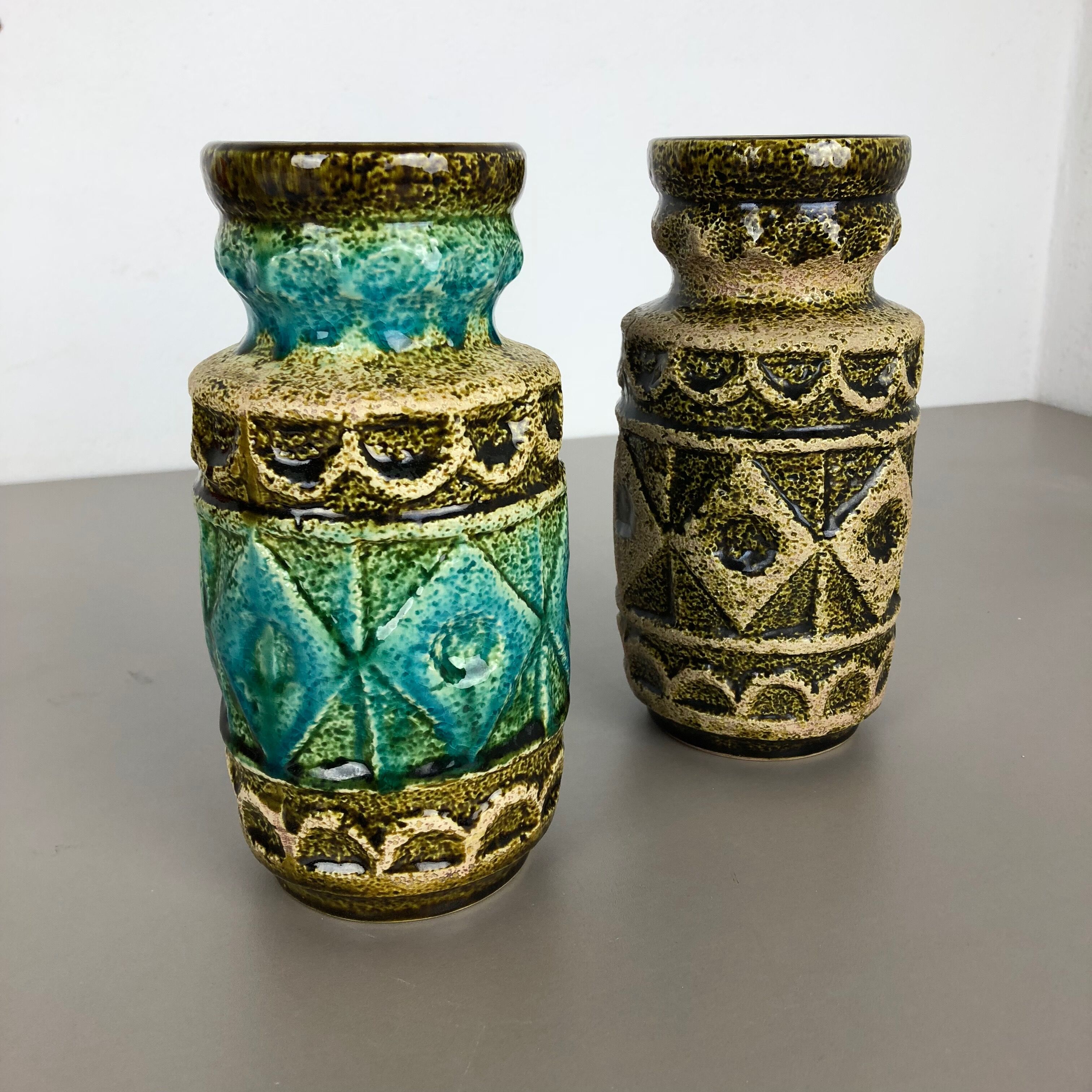Set of 2 Multi-Color Op Art Pottery Floor Vase by Bay Ceramics, Germany, 1960s