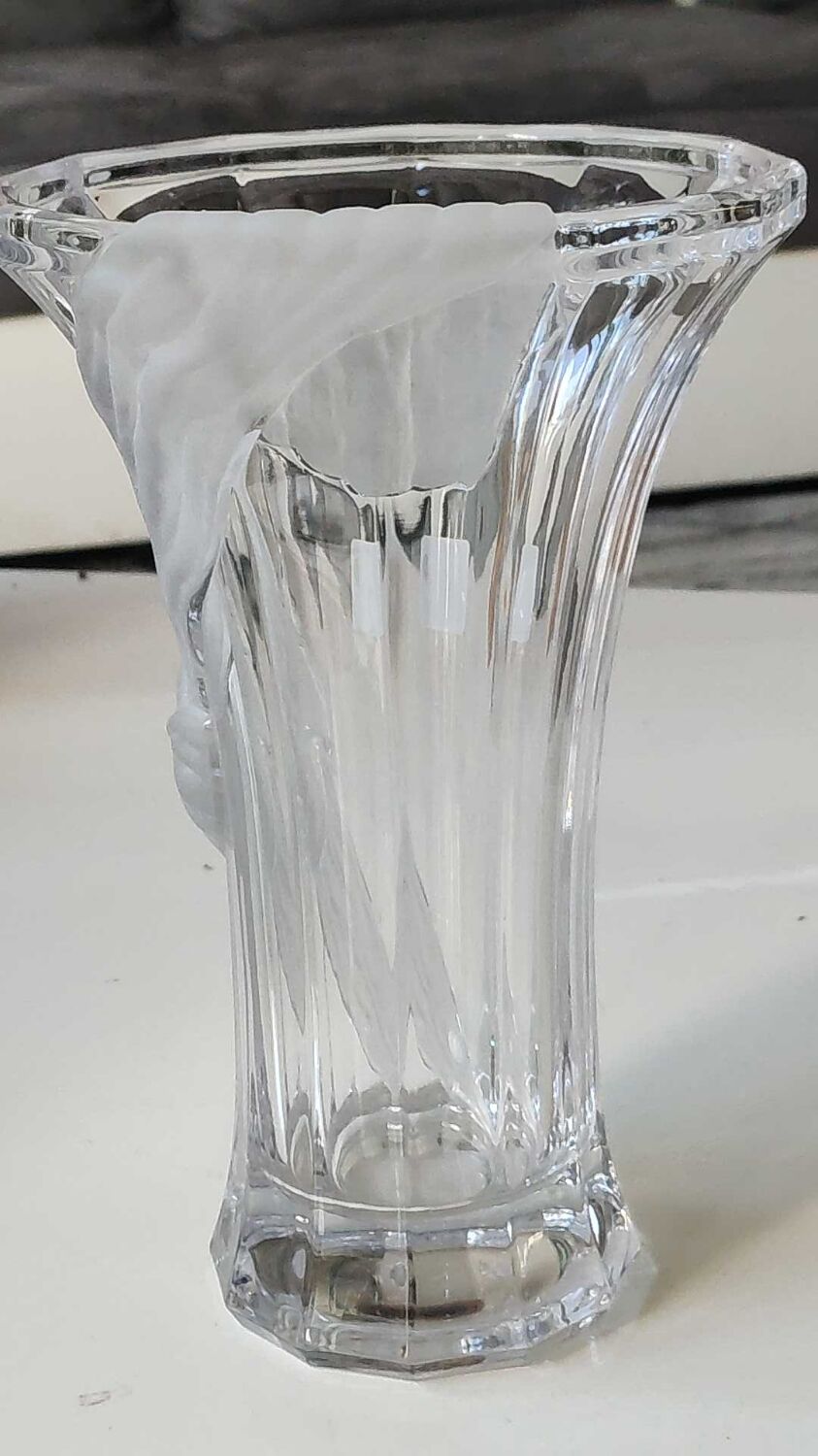 Vintage Multifaceted Crystal Vase, Frosted Draped Bow, col. Opaque white, Evita Crystal, Germany