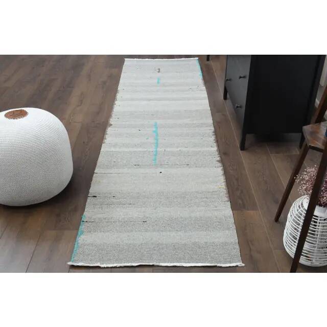 1970s Vintage Turkish Oushak Handmade Wool Cotton Gray Runner Rug 80x292