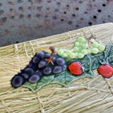 Rectangular cake dish in enameled ceramic, slip, fruit model, straw effect, vintage