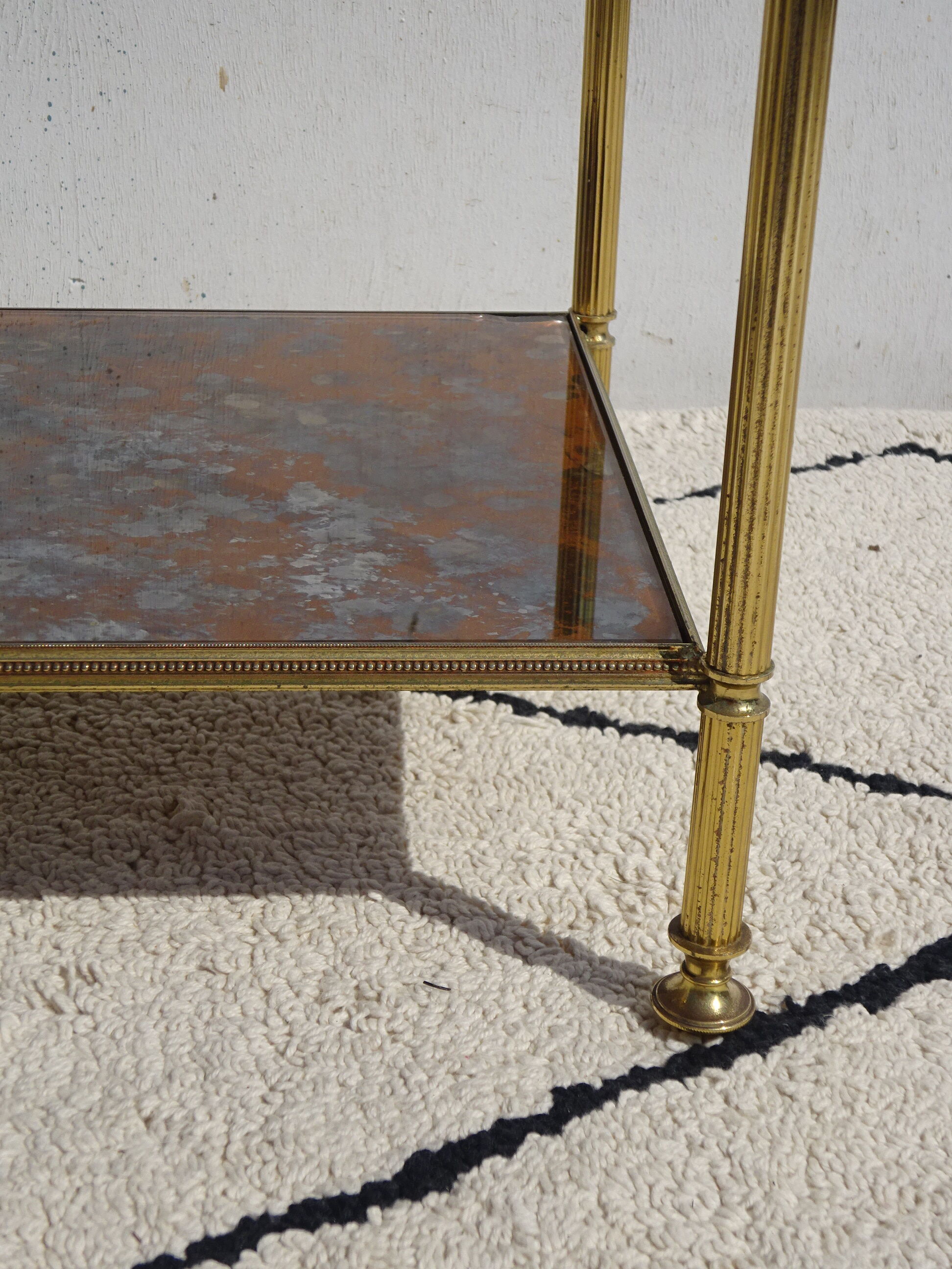 Pair of bedside tables in gilded brass and glass, midcentury