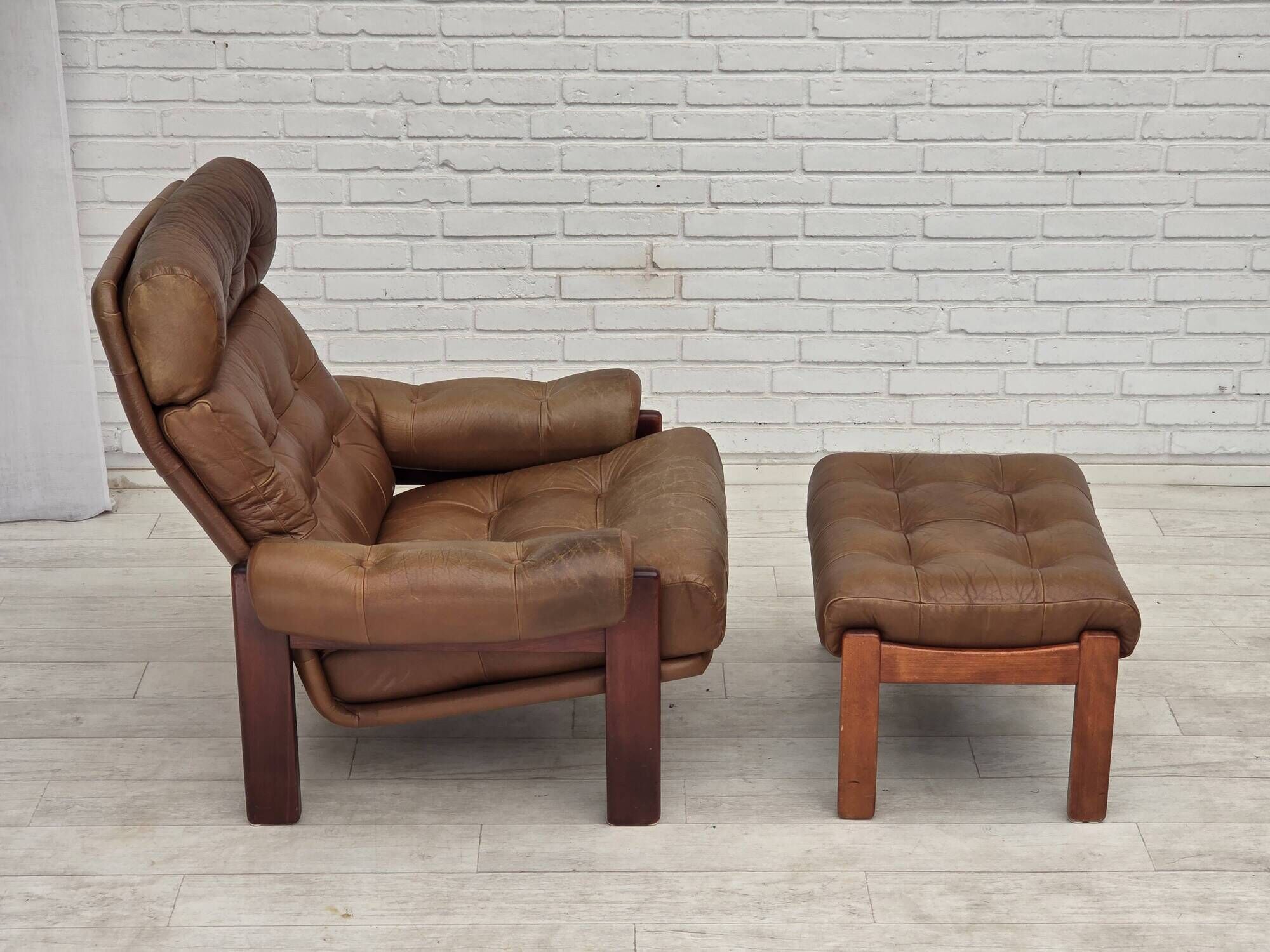 1970s, Swedish design, armchair with footstool, furniture leather.