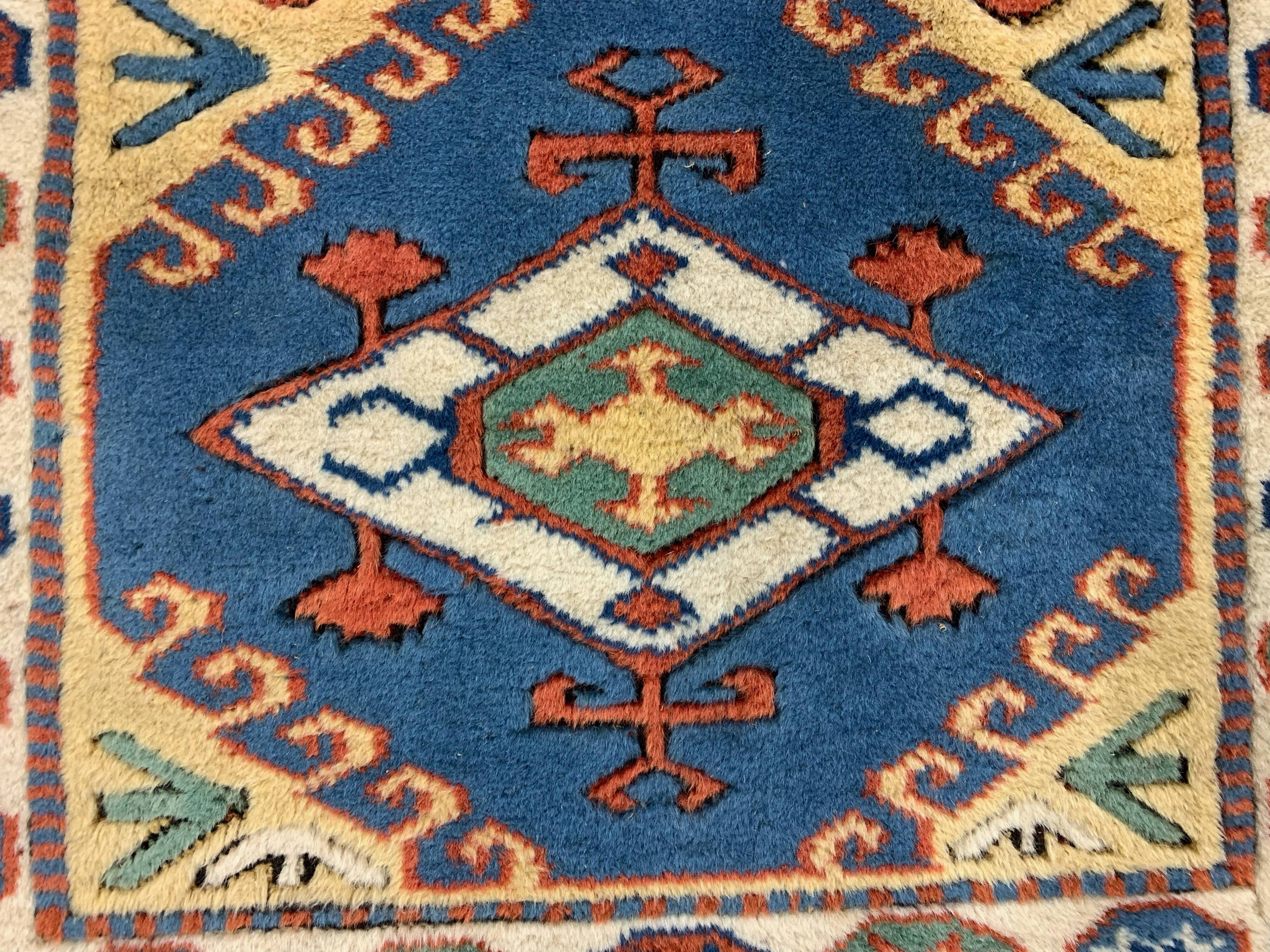 Old Turkish Kazak Rug Oriental 123x95 cm vintage tribal carpet, Red and Blue