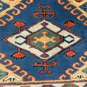 Old Turkish Kazak Rug Oriental 123x95 cm vintage tribal carpet, Red and Blue