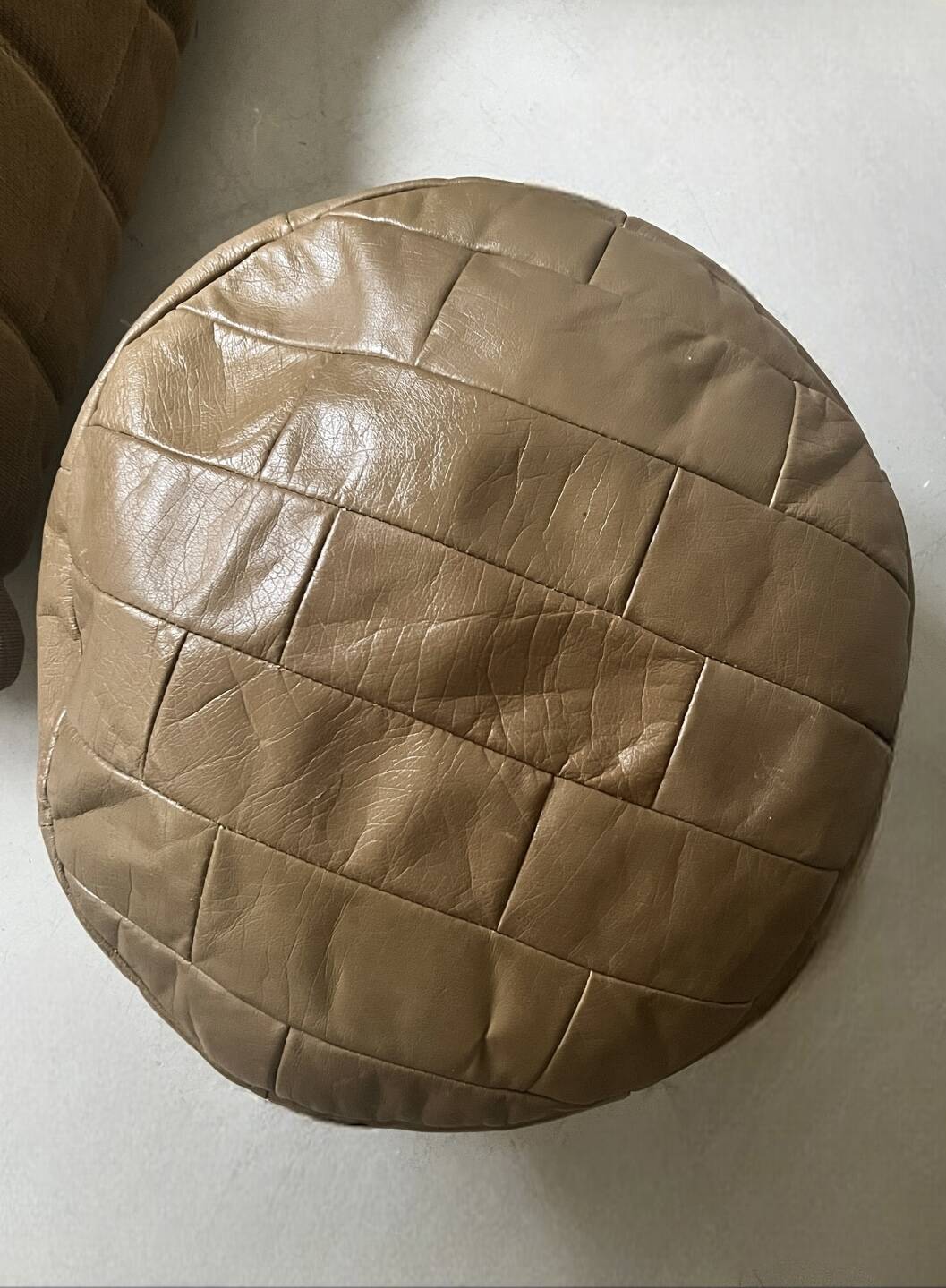 Beige genuine leather patchwork pouf, 1970s design