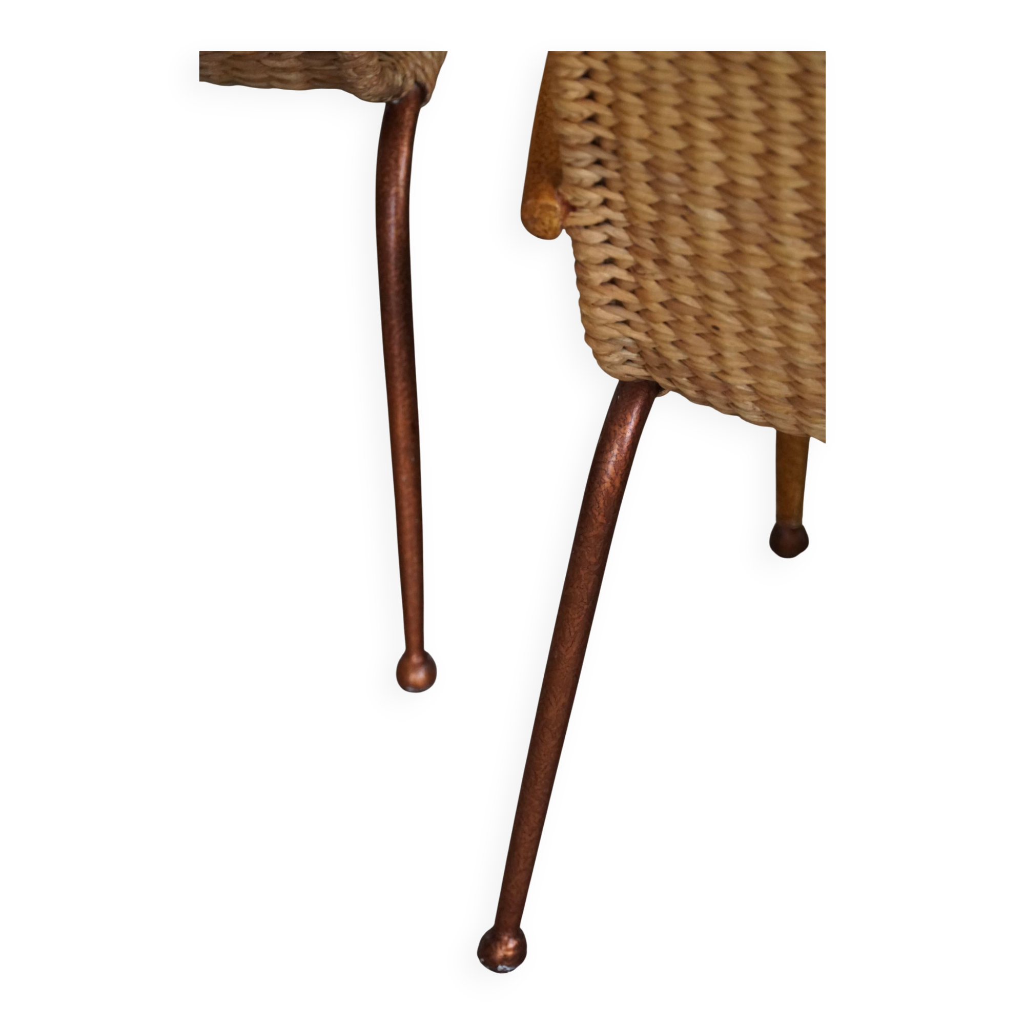 Set of 4 vintage Italian wicker and birch armchairs, mid-century modern, 1950.