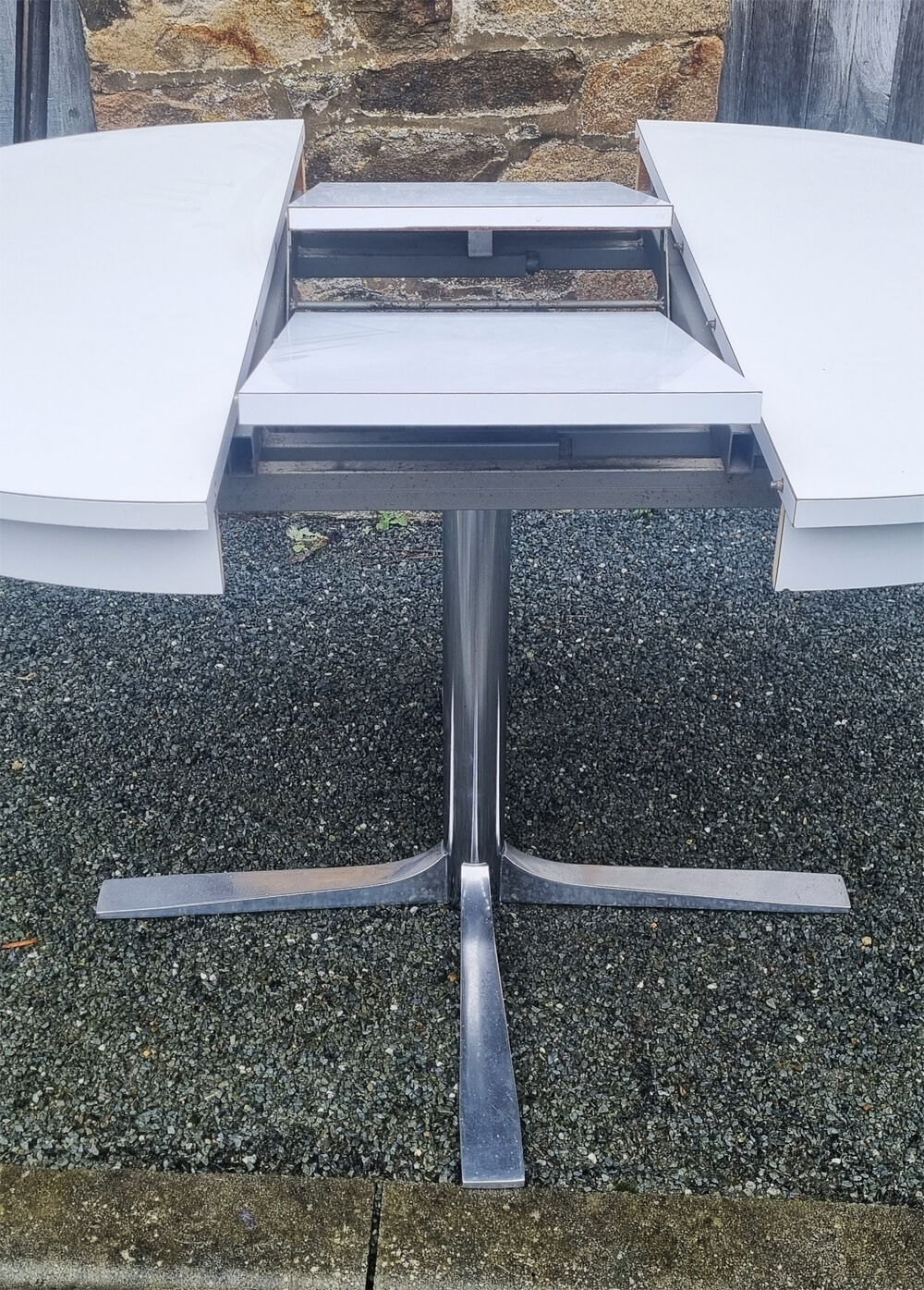 Round table in white formica, retractable, vintage, Collomb creation, 70s