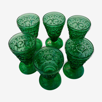 Set de 6 verres en verre moulé vert émeraude des années 60