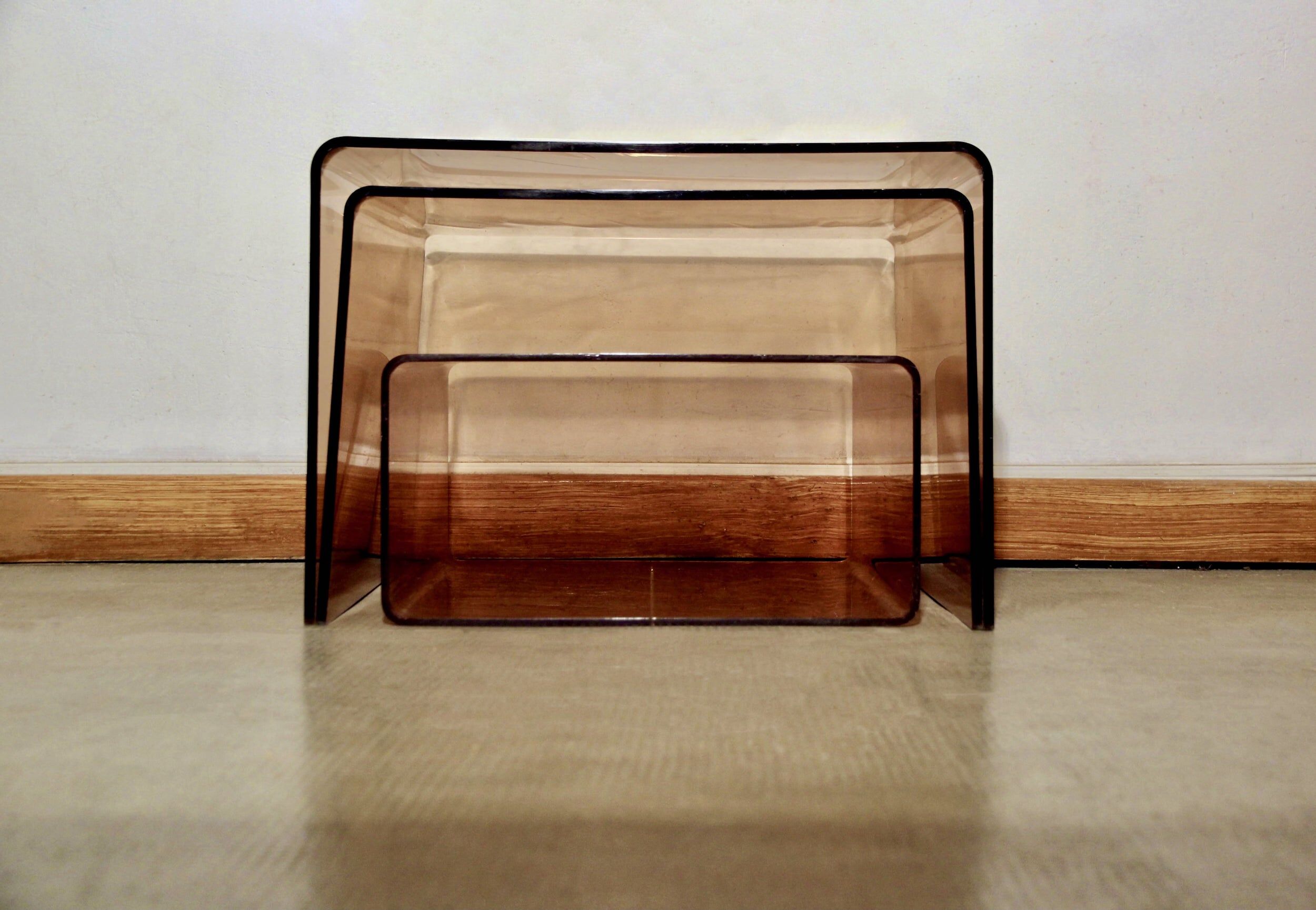 Vintage pull-out coffee tables in smoked plexiglass