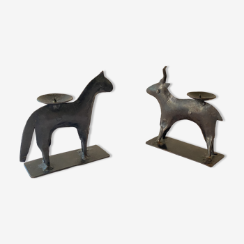 Pair of wrought iron zoomorphic candle holders