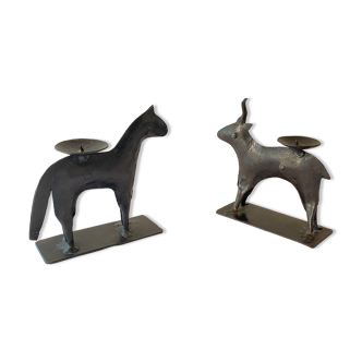 Pair of wrought iron zoomorphic candle holders