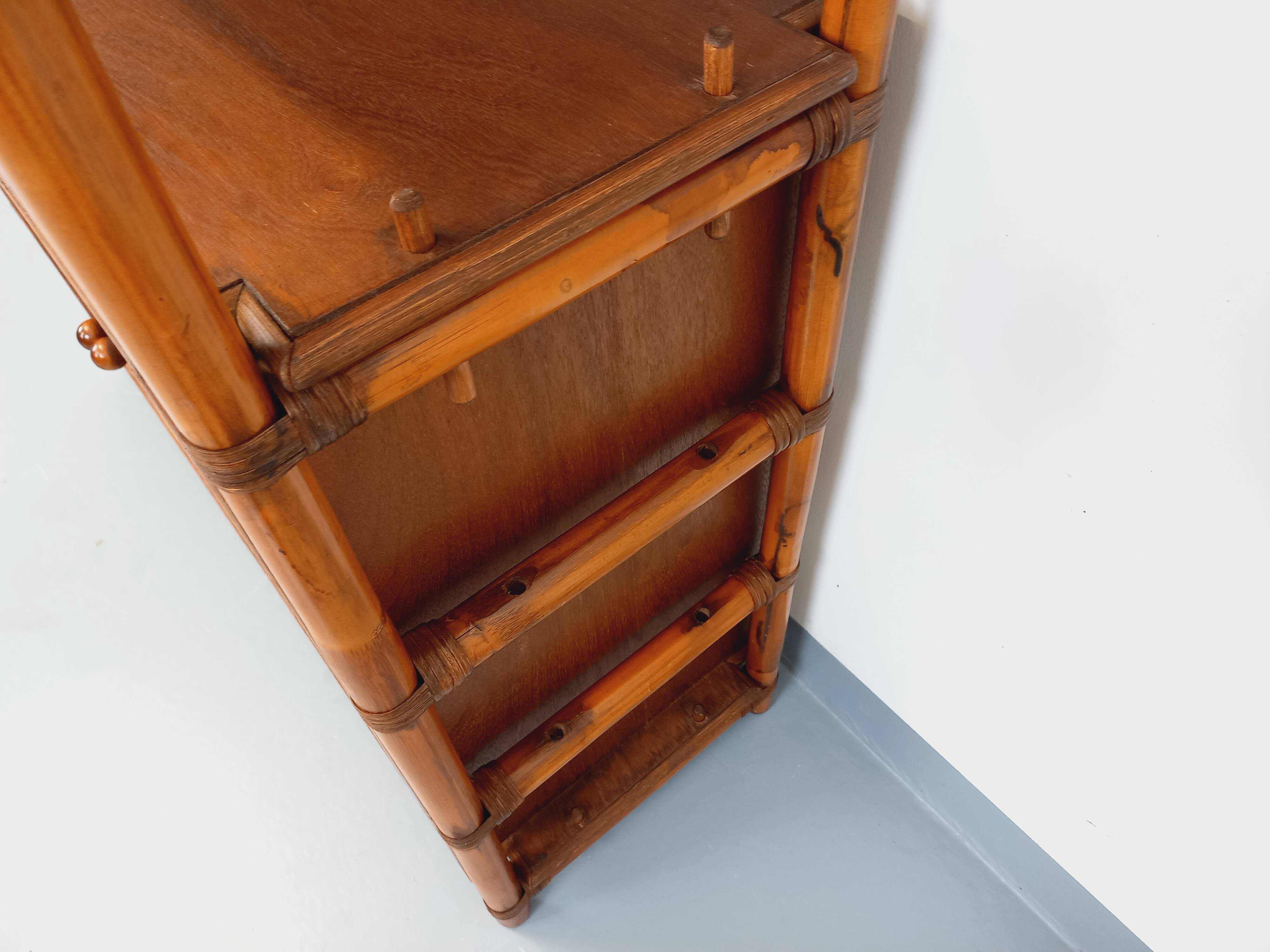 Large vintage rattan, wood and cane bookcase from the 70s