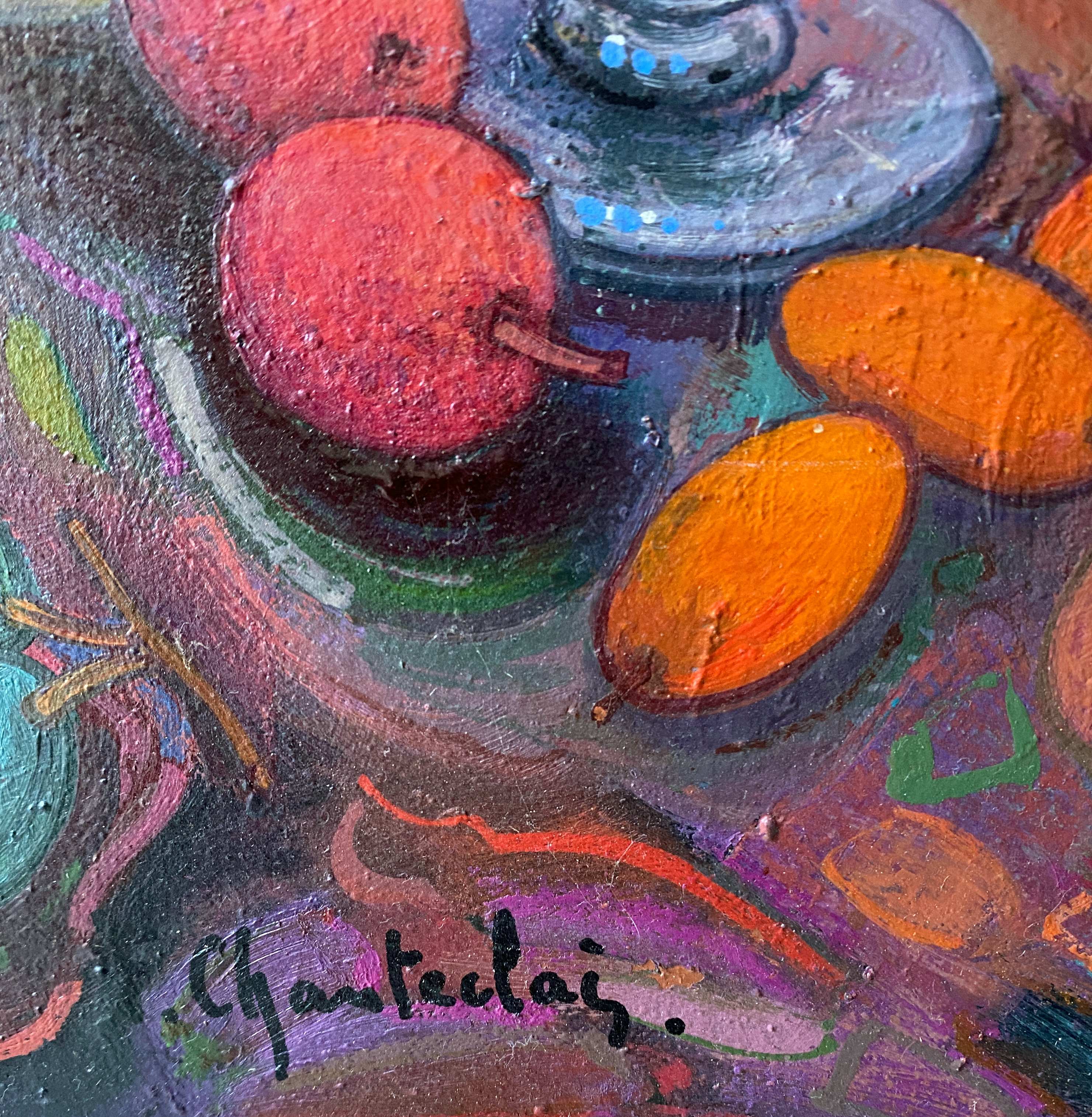 Painting "Still life with flowers and fruits" HST François Chanteclair born in 1942