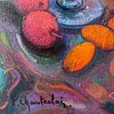 Painting "Still life with flowers and fruits" HST François Chanteclair born in 1942