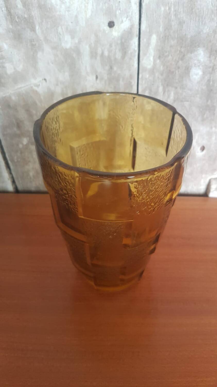 Old Art Deco Style Vase Molded Glass Orange Vintage #A696