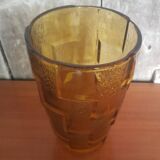 Ancien Vase Style Art Déco Verre Moulé Orange Vintage #A696