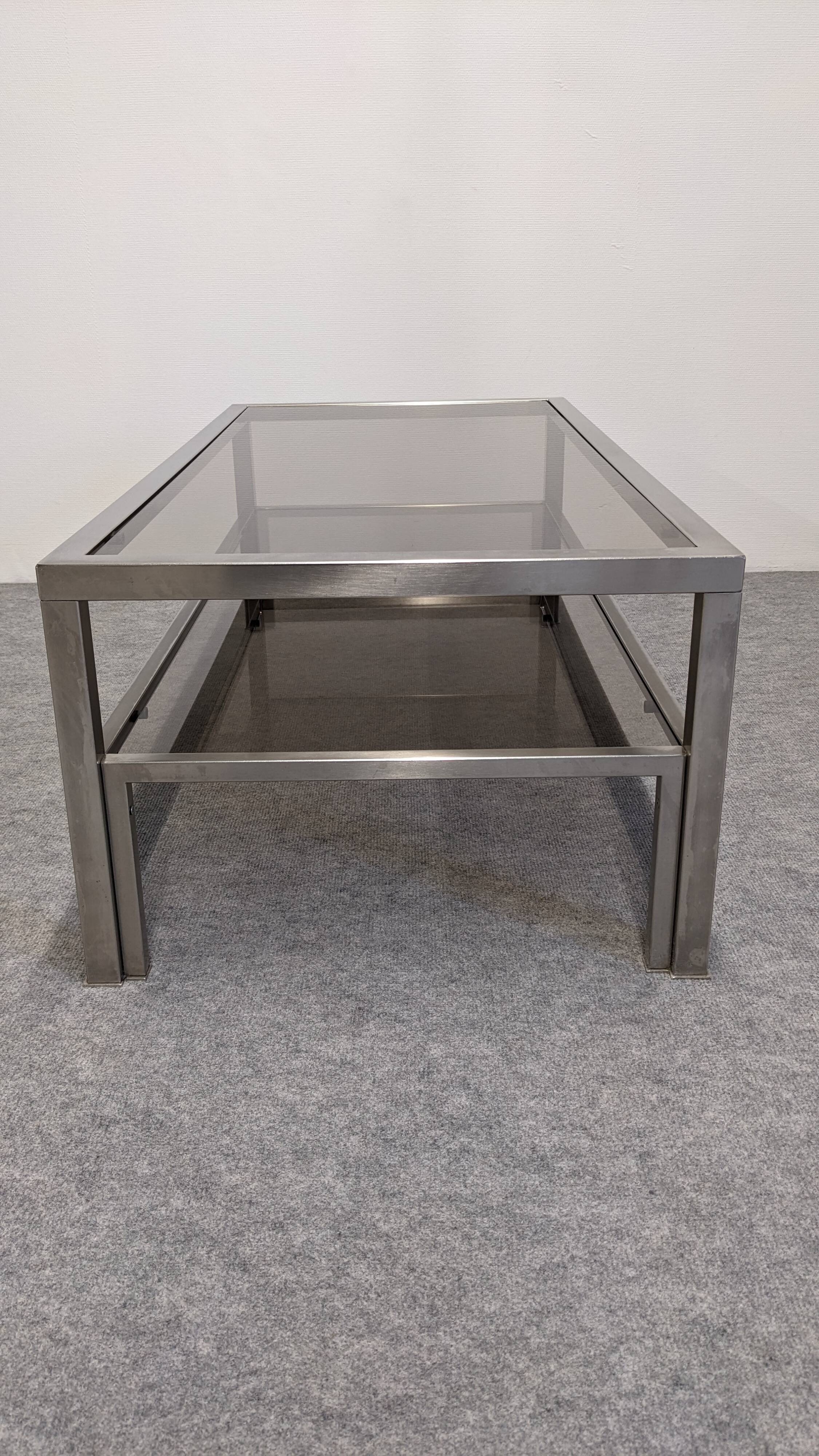 Table basse à 2 plateaux en inox brossé et verre fumé, France vers 1970