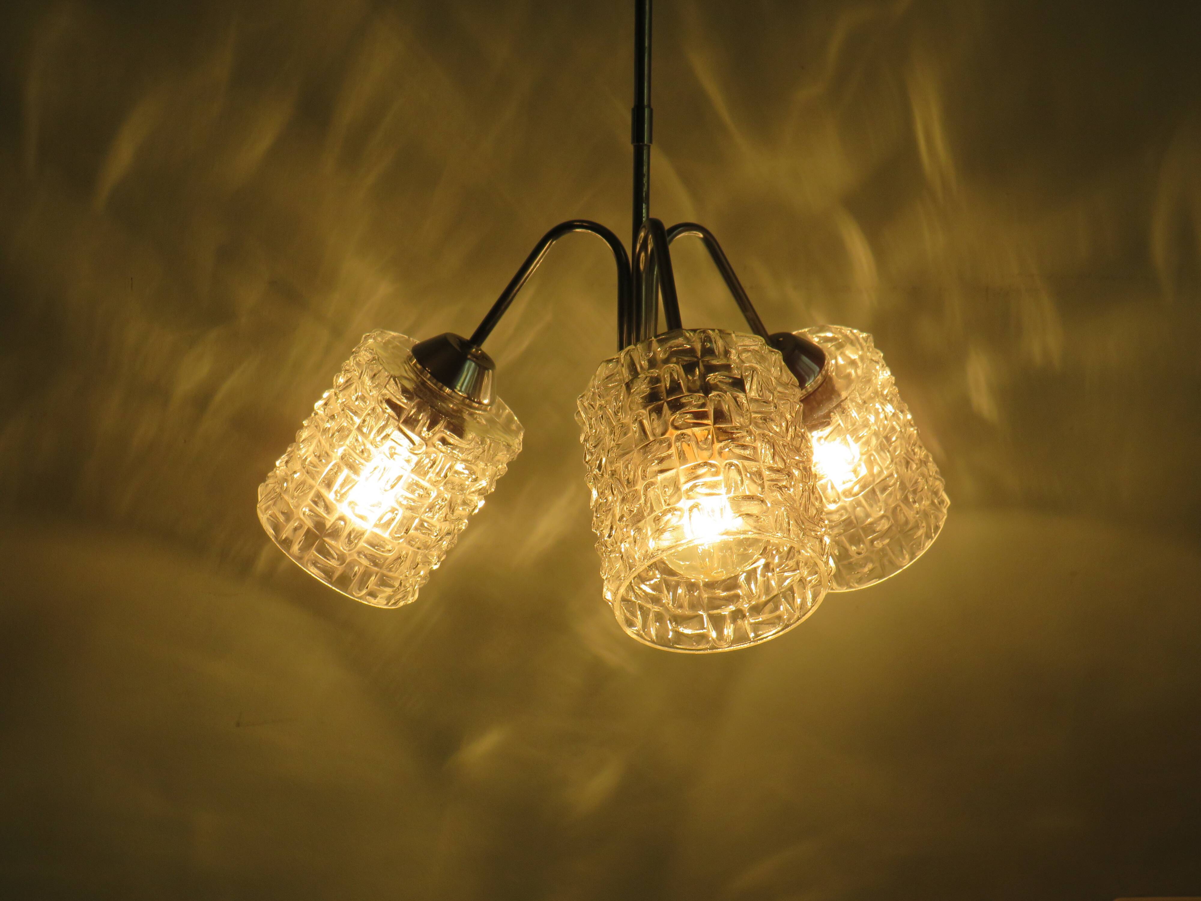 Mid-century chandelier, chrome and glass, Belgium 1960