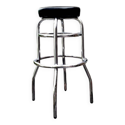 Tabouret de bar vintage en Skaï noir et métal chromé