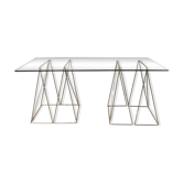 Bureau en verre et tréteaux chromé 1970