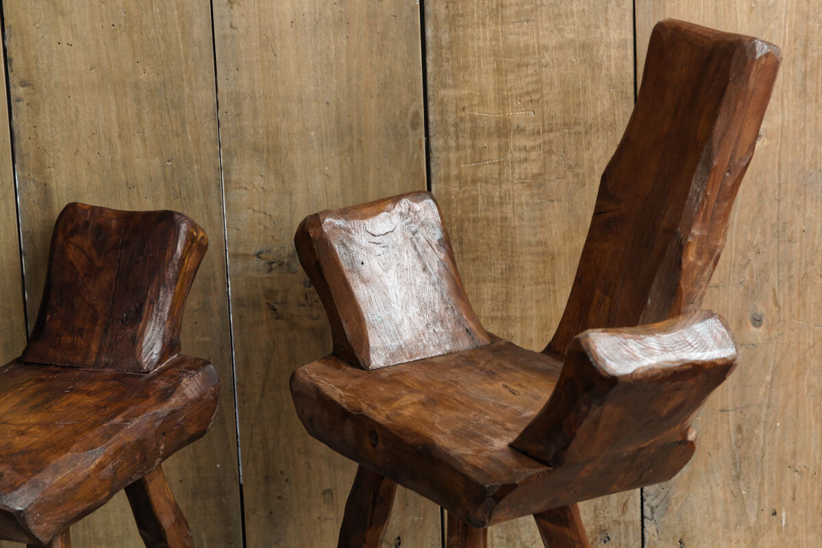 Pair of brutalist chairs made of raw wood
