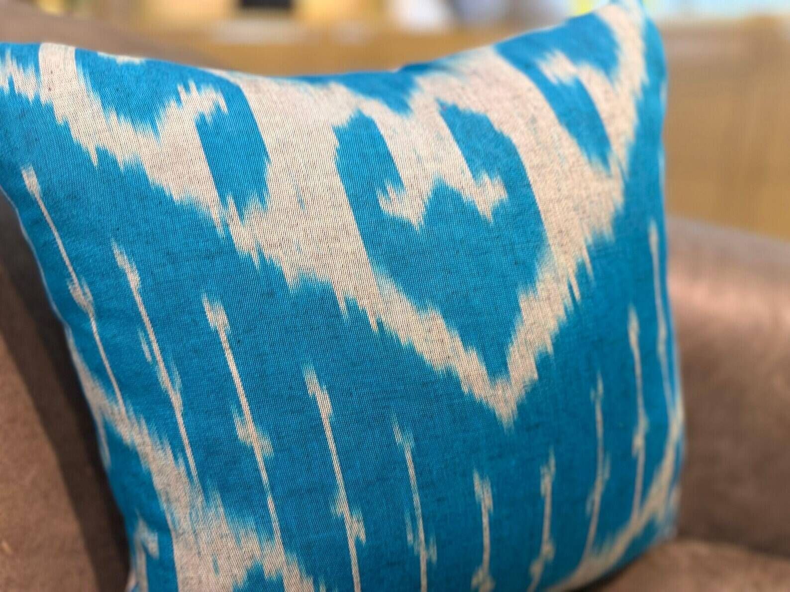 Vintage Silk Ikat Square Cushion Cover, Sky Blue White Arch Medallion 16x16