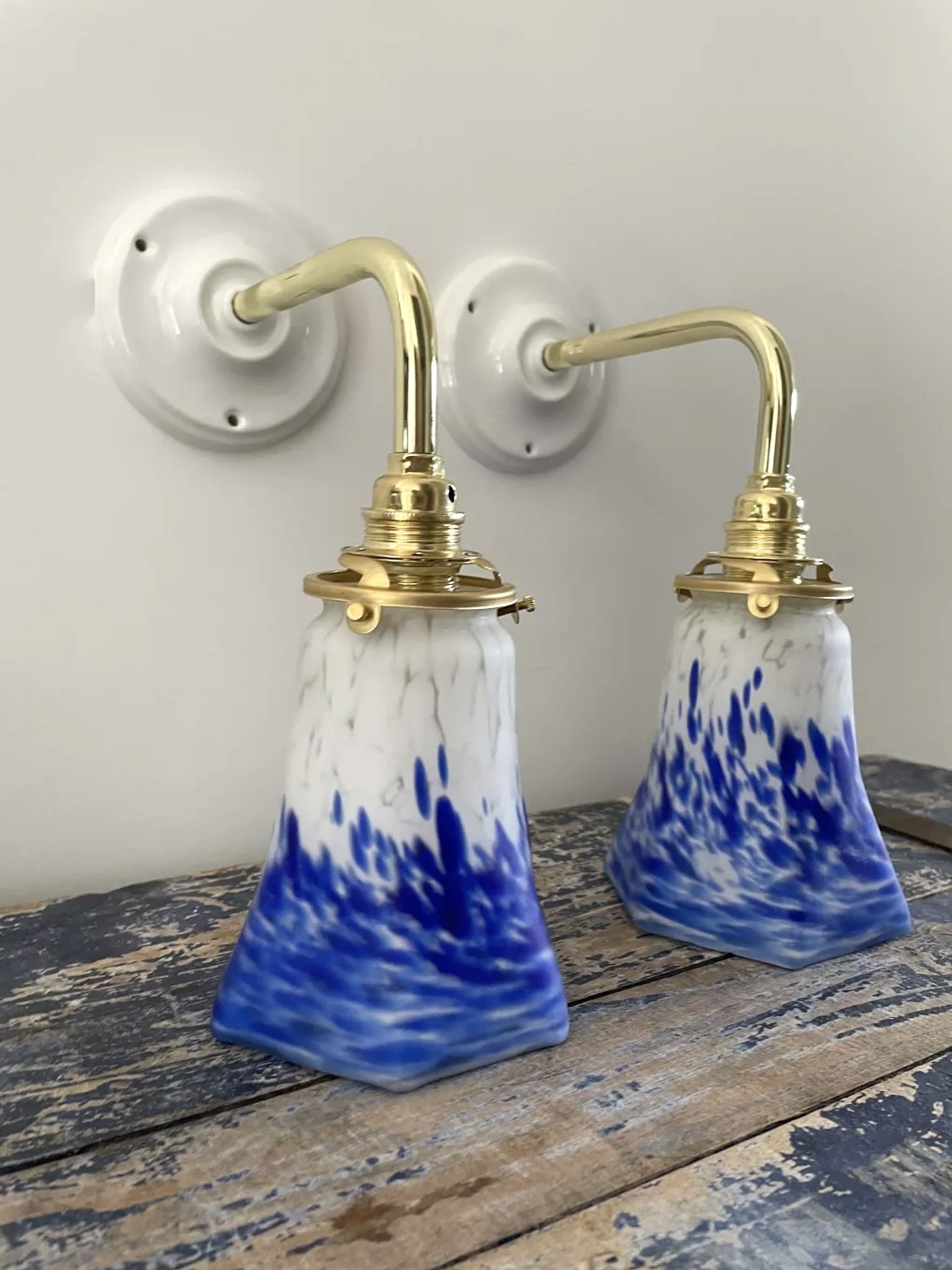 Set of two blue Art Deco wall lamps