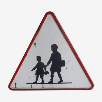 Ancien panneau triangulaire de signalisation sortie d'école enfants