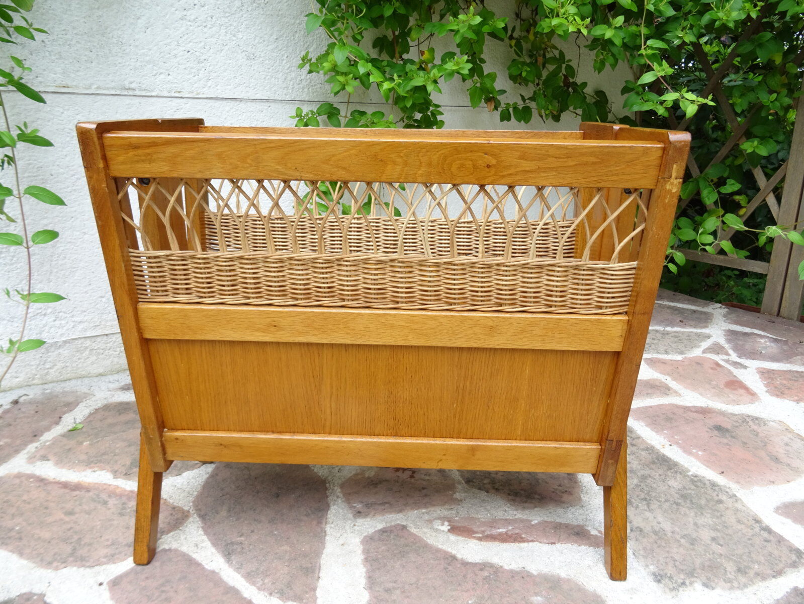 Oak and rattan magazine rack