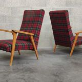 Pair of French beech armchairs from the 60s, tartan fabric
