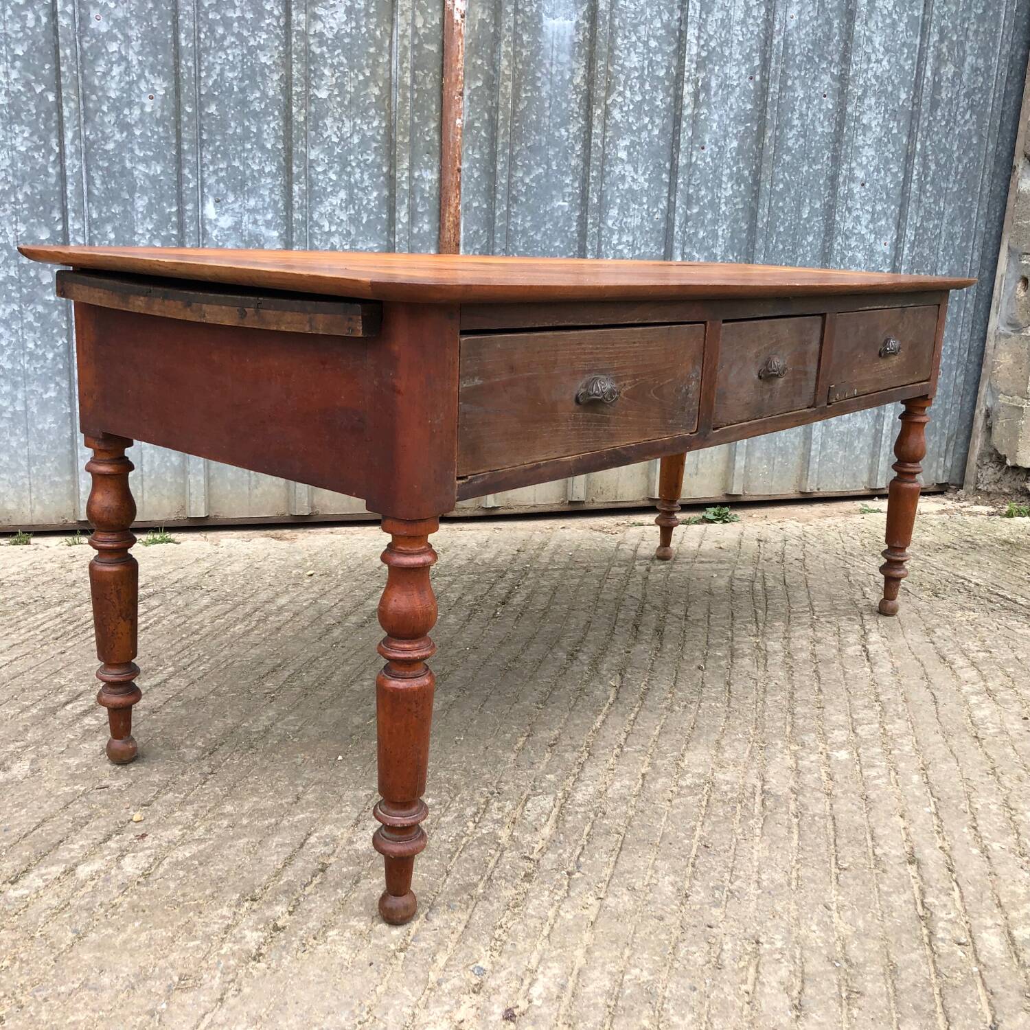 Antique Louis Philippe table in solid cherry and oak with 3 drawers