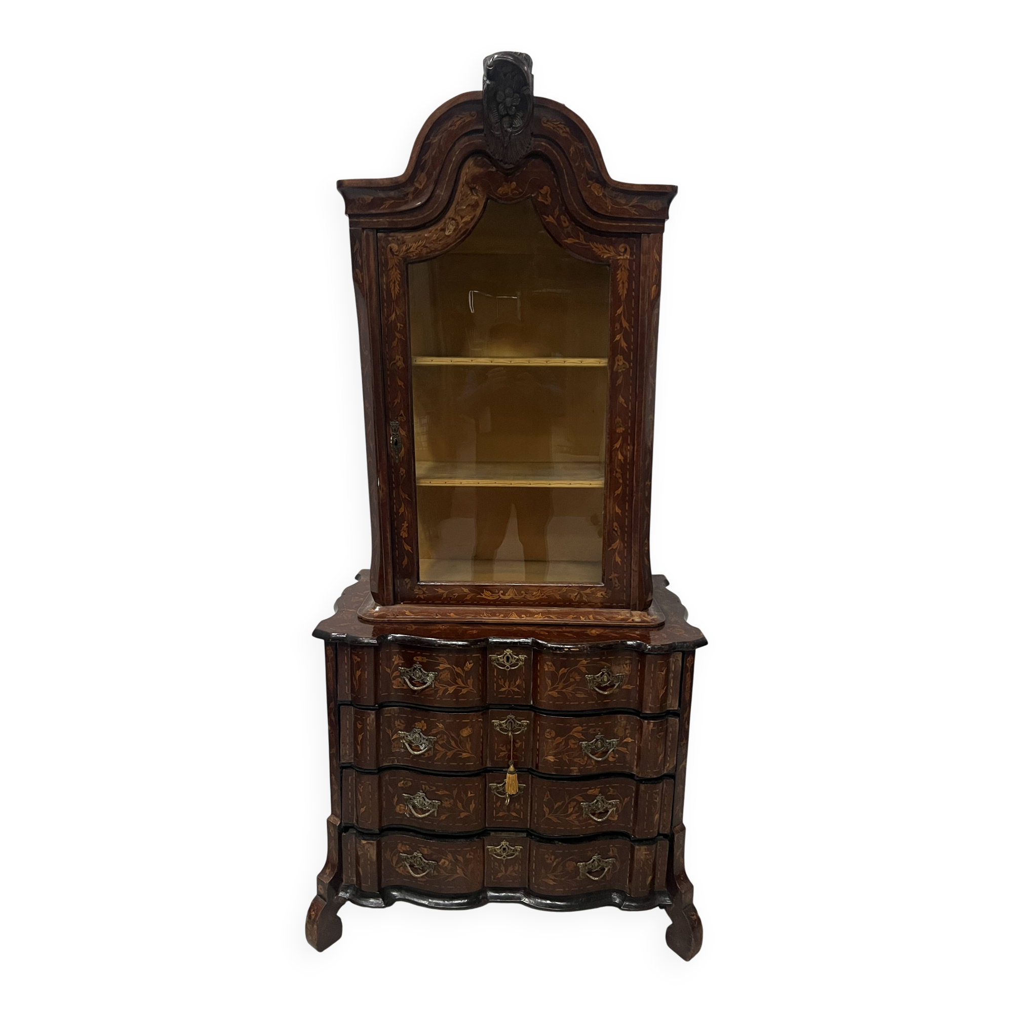 Dutch display cabinet in two parts made of marquetry wood.