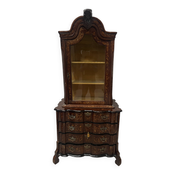 Dutch display cabinet in two parts made of marquetry wood.